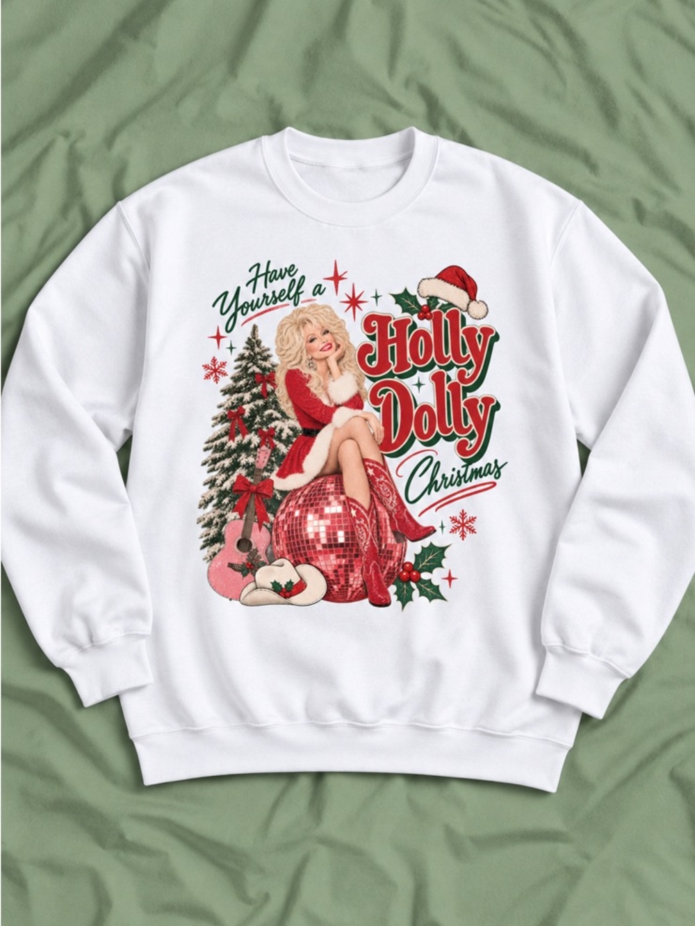 Have Yourself A Holly Dolly Christmas White Graphic Sweatshirt